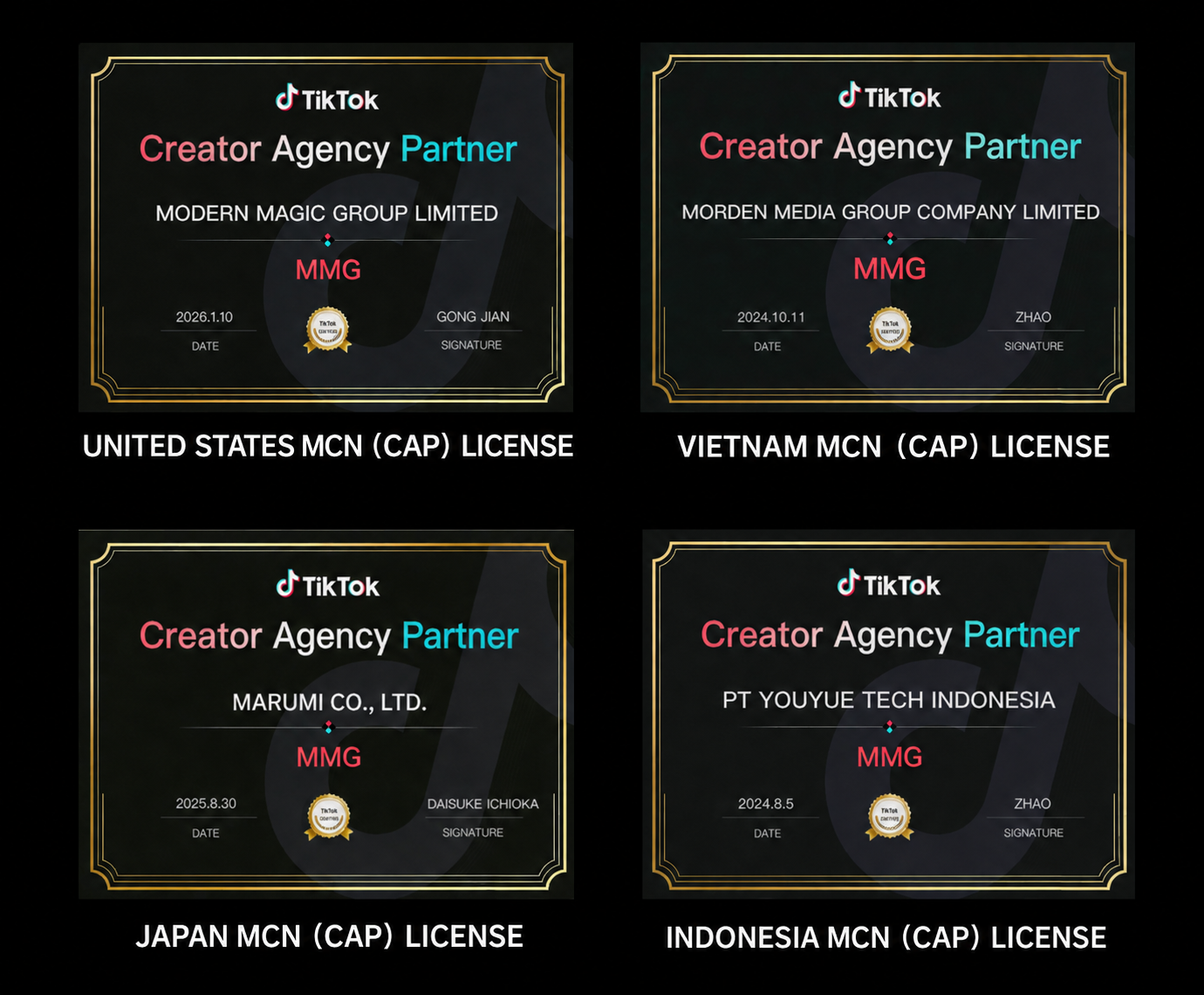 MMG TikTok Creator Agency Partner licenses in the United States, Vietnam, Japan and Indonesia